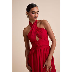 Lulus Emrah Red Cross-front Cutout Halter Midi Dress - Size M